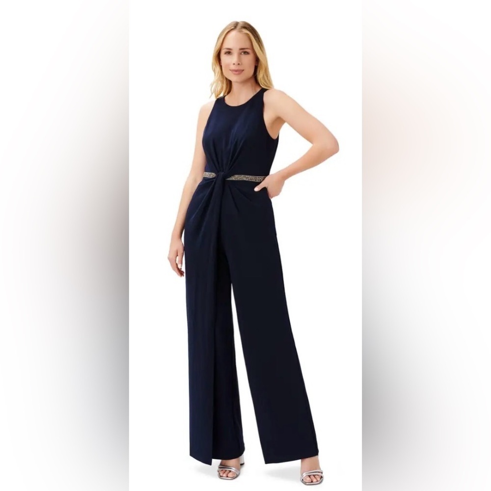 ADRIANNA PAPELL Sz 6 Crystal Waist Crepe Navy Blue Wide Leg Overlay Jumpsuit